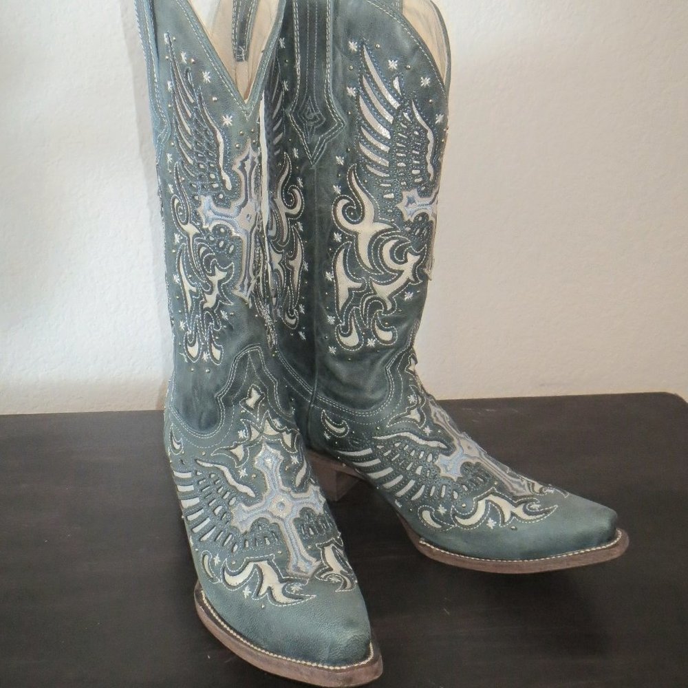 JB Dillon Blue Cross Angel Wings Fancy Leather Cowboy Boots Pointed Toe 9.5B